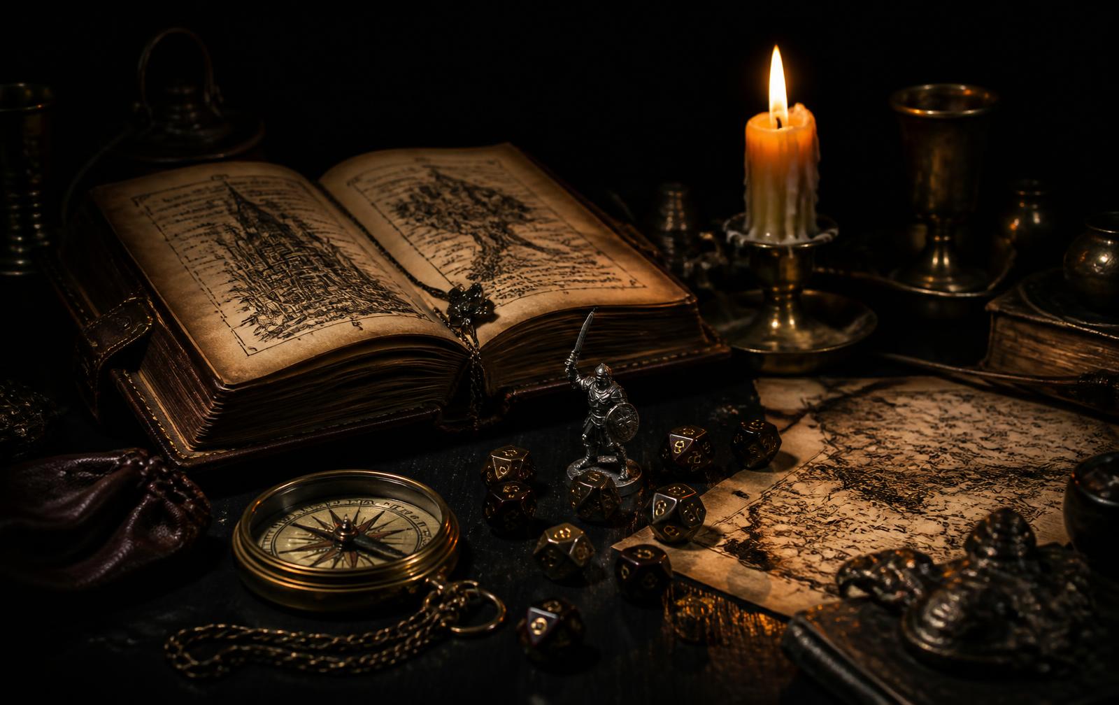 Mesa de juego iluminada por una vela con dados, un grimorio y mapas antiguos